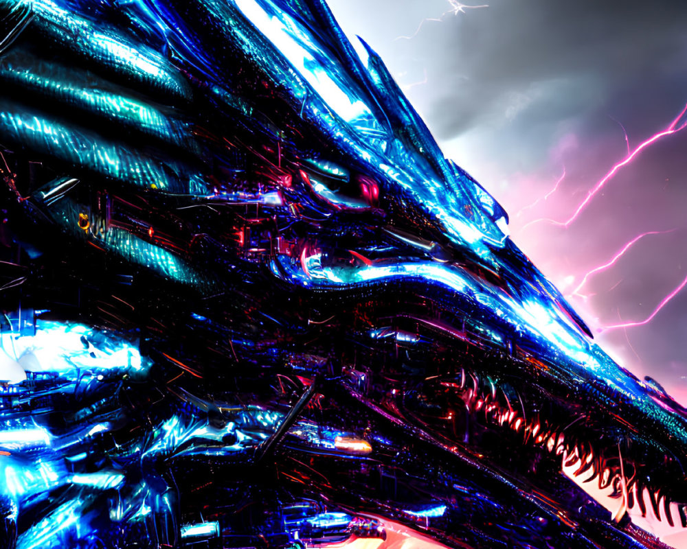 Metallic Dragon with Glowing Blue Lines in Stormy Sky