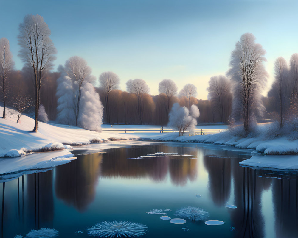 Tranquil winter landscape with snow-covered trees, serene lake, and delicate ice formations