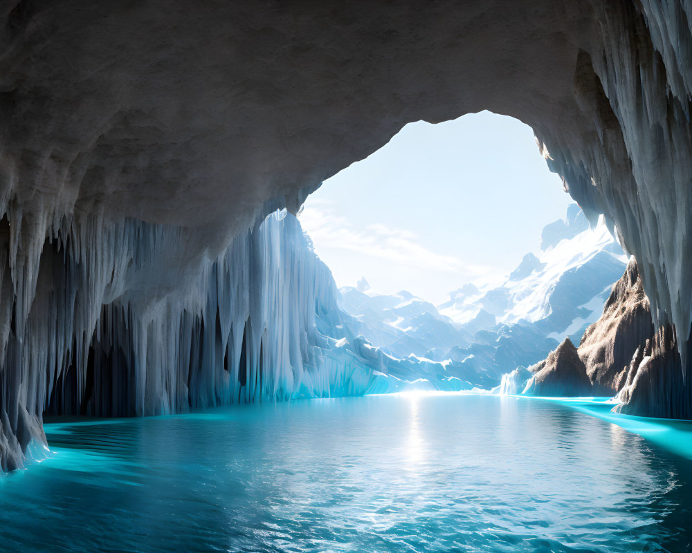Glacier Cave with Turquoise Lake and Snow-Capped Mountains