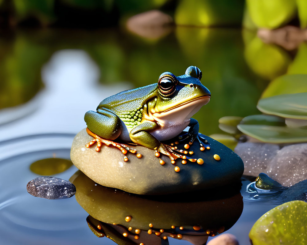 Green Frog with Orange Speckles on Smooth Rock in Serene Pond