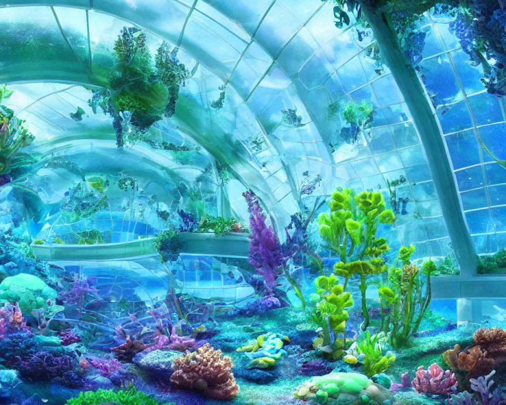 Colorful Coral, Aquatic Plants, and Fish in Futuristic Dome Aquarium