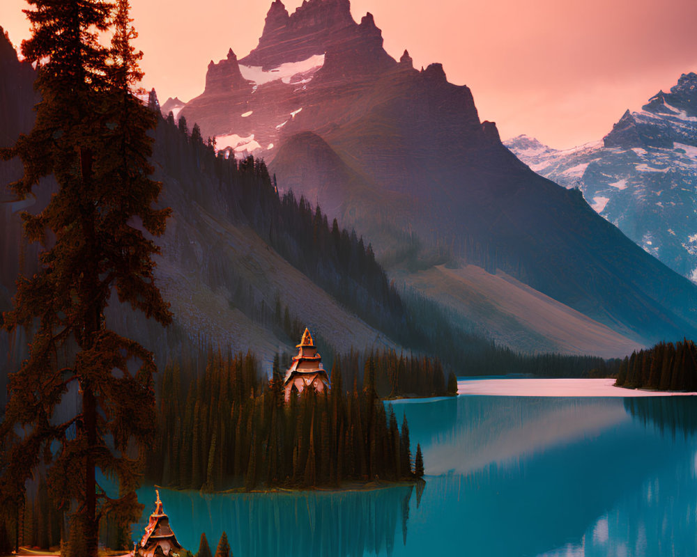 Pink Sunset Over Mountain Lake with Lodge Among Evergreens
