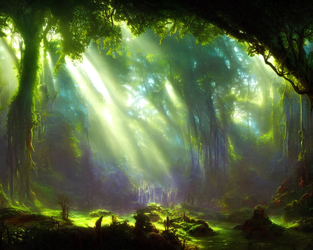 Vibrant forest scene with sunlight illuminating mist and greenery