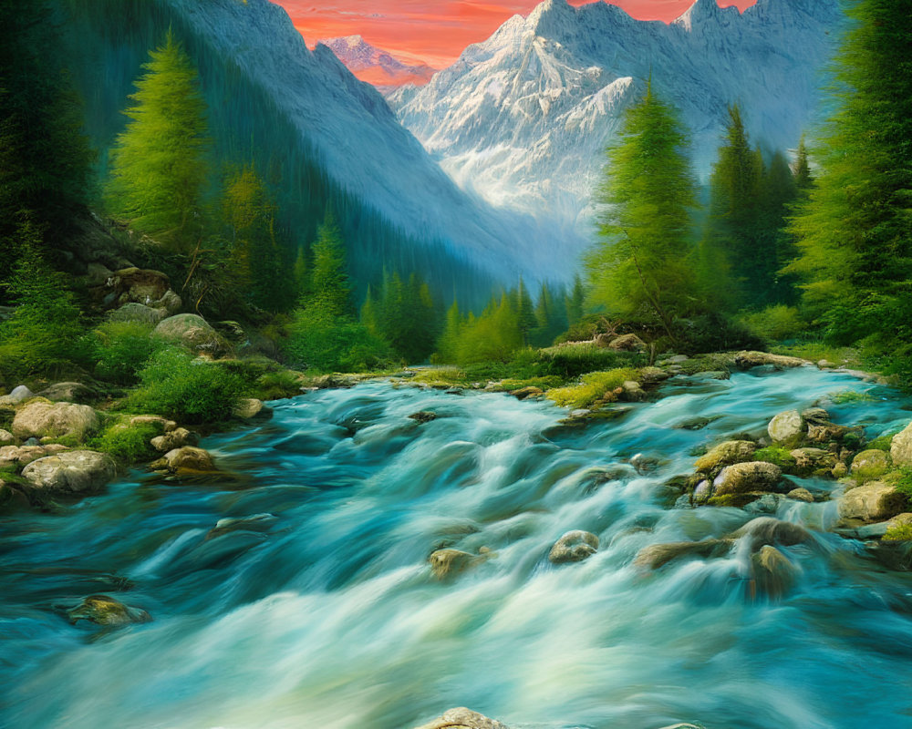 Scenic landscape with river, trees, mountains, and pink sky