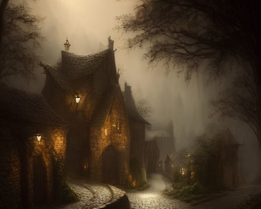 Mystical foggy cobblestone street with warm glowing lights in old-world cottages