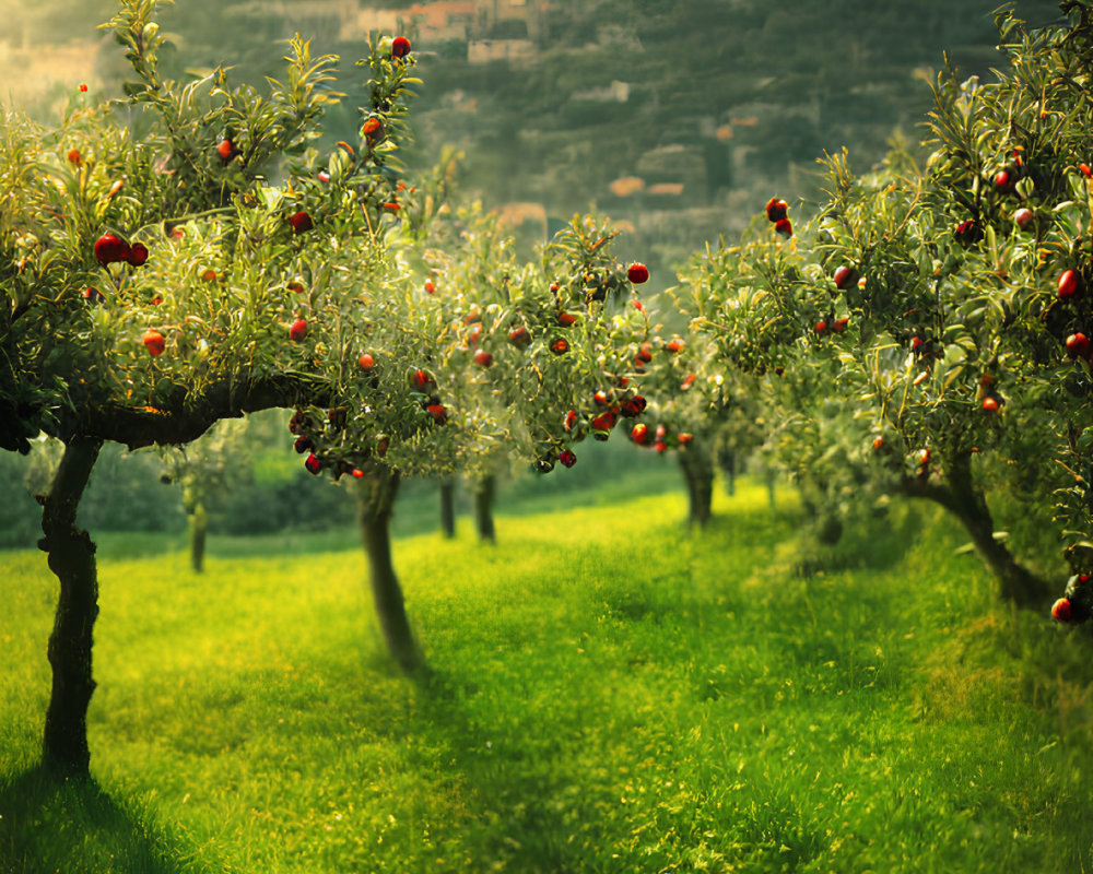 Scenic orchard with ripe red apples and distant town view