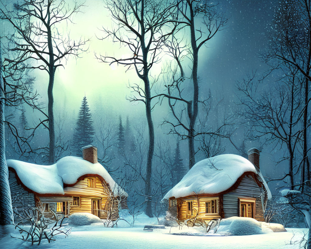 Winter Forest Night Scene: Snow-Covered Cabins and Glowing Windows