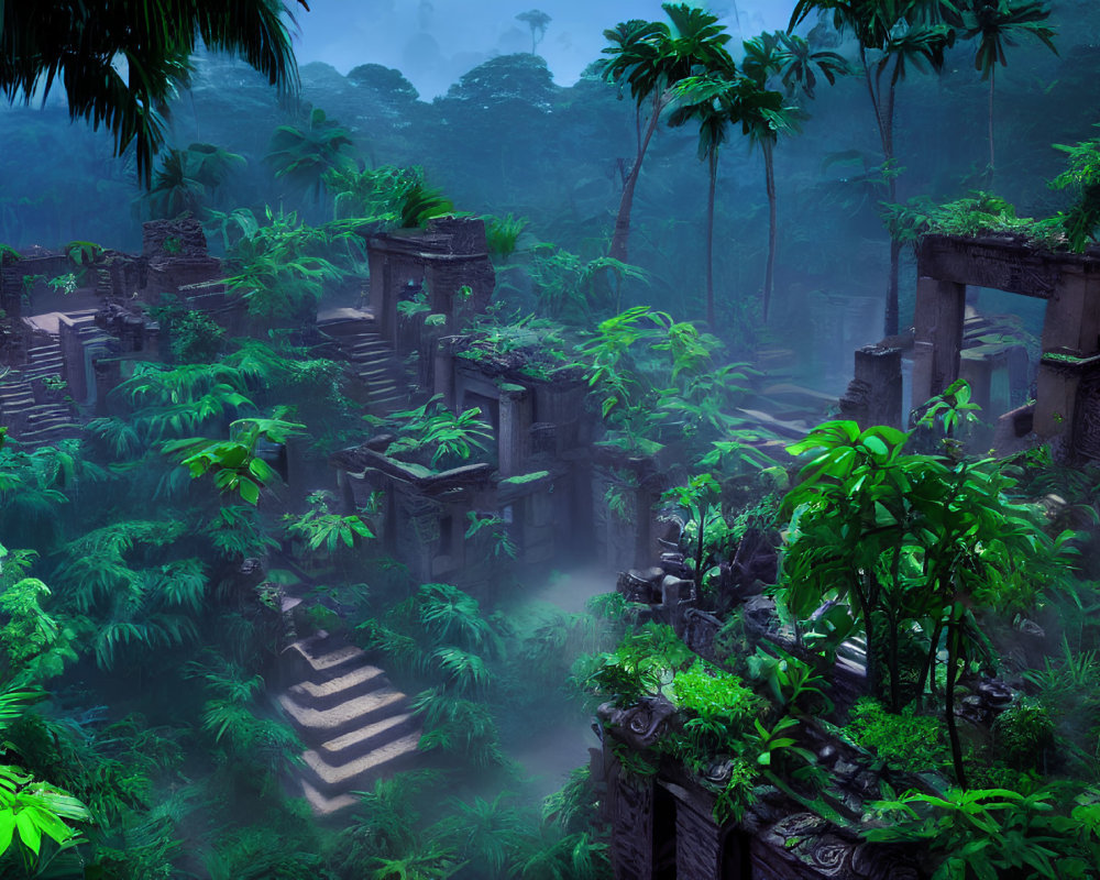 Overgrown ancient temple in lush jungle with stone remnants