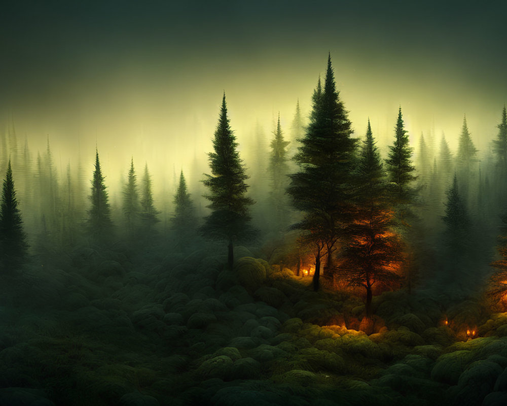 Mystical forest with tall pine trees in fog and warm light filtering through