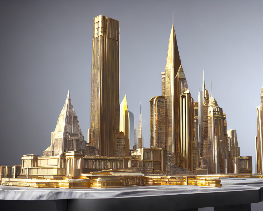 Golden futuristic cityscape with towering skyscrapers and sleek architecture against gradient sky