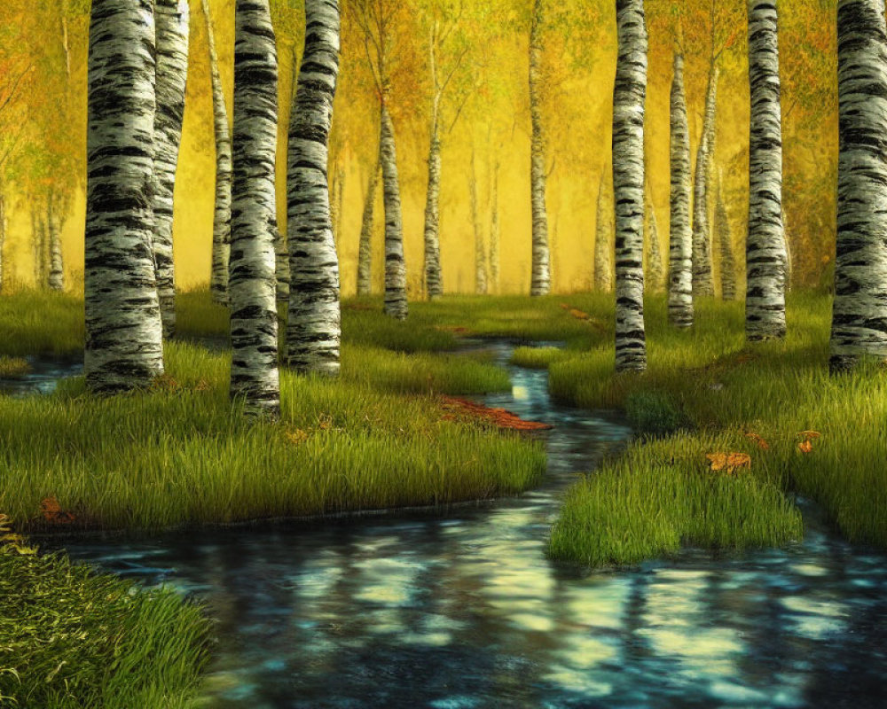 Scenic autumn forest with tranquil stream and birch trees