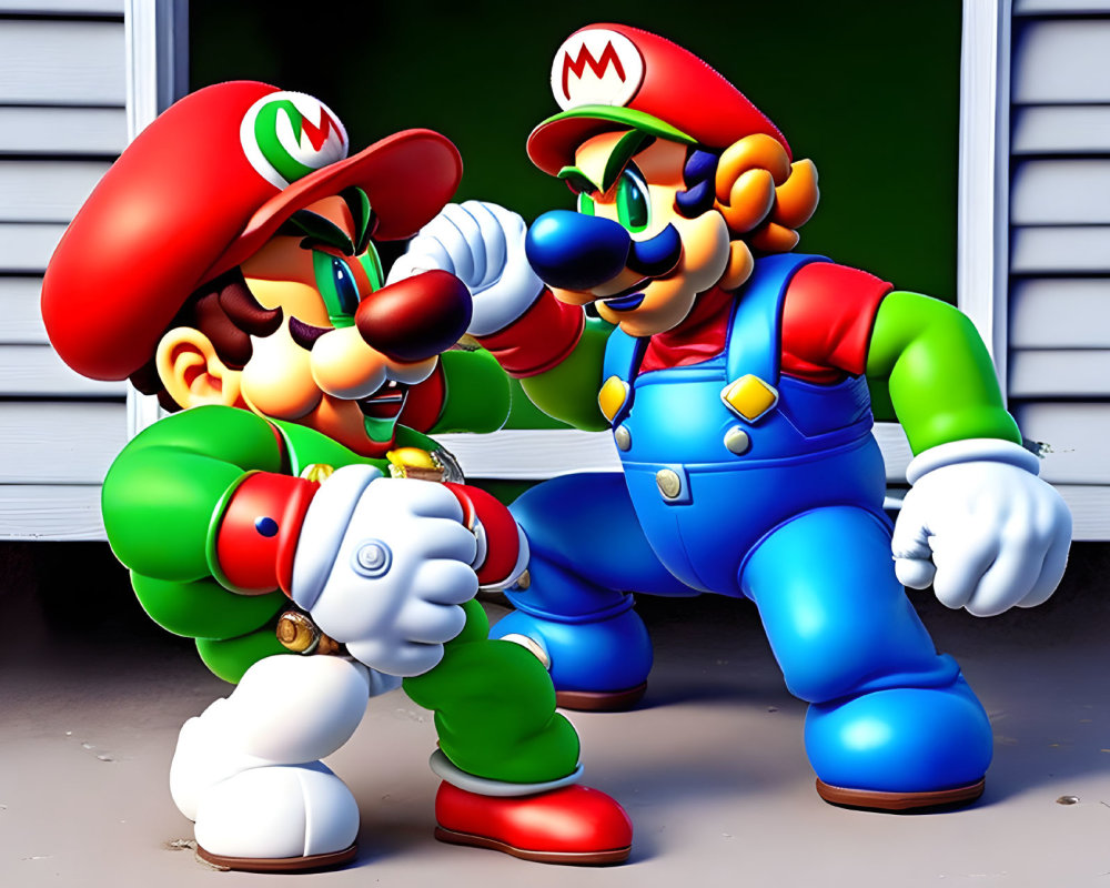3D-rendered Mario characters in green and red posing together