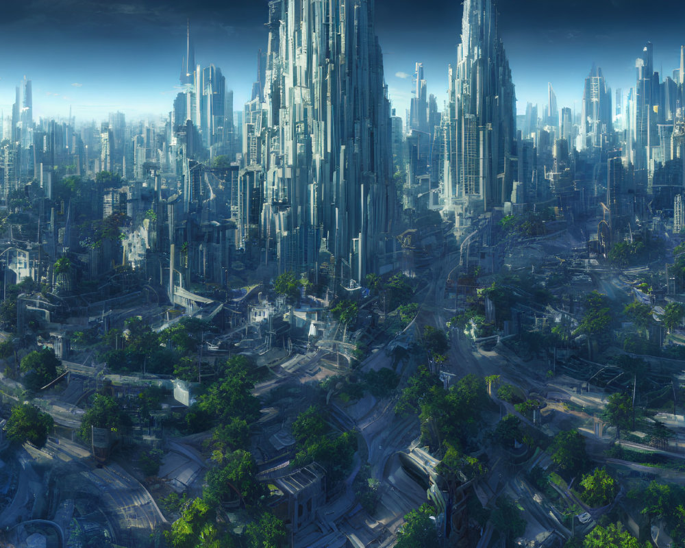 Futuristic cityscape with skyscrapers, greenery, and advanced infrastructure