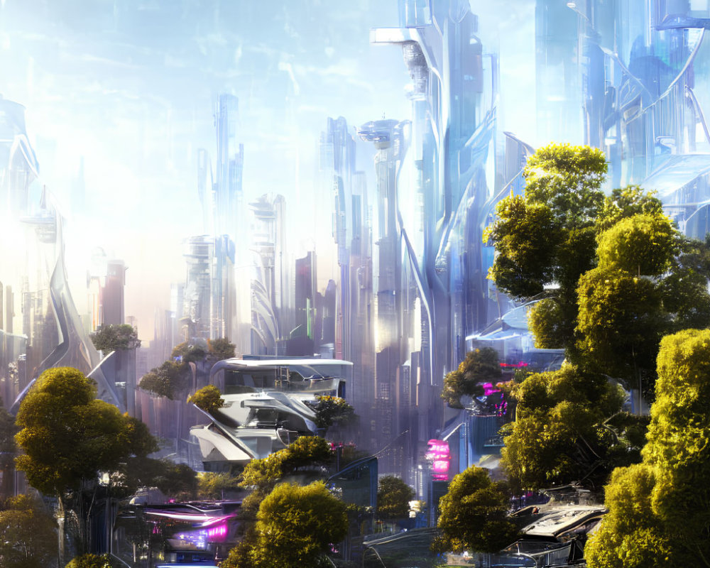 Futuristic cityscape with skyscrapers, lights, foliage, and flying vehicles in a h