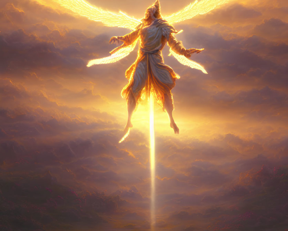 Fiery-winged figure soaring in luminous sky