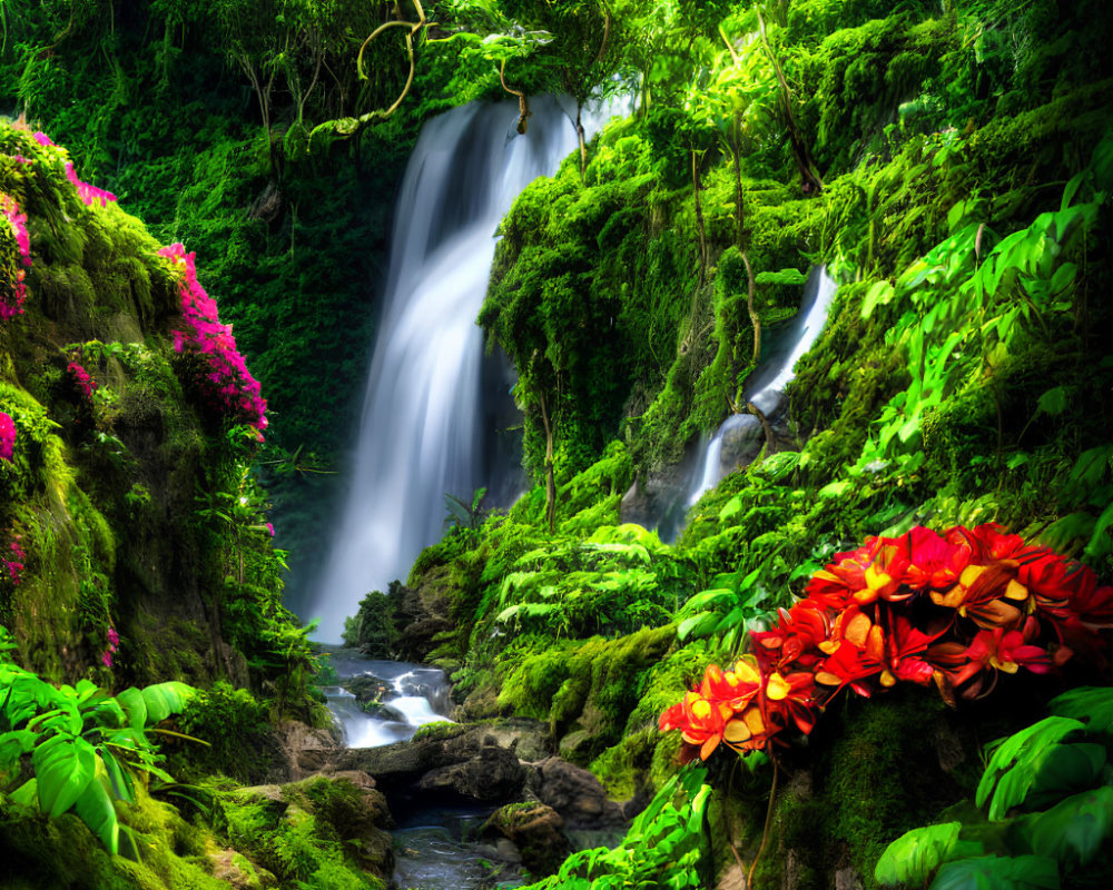 Lush Green Forest with Vibrant Flowers and Cascading Waterfall