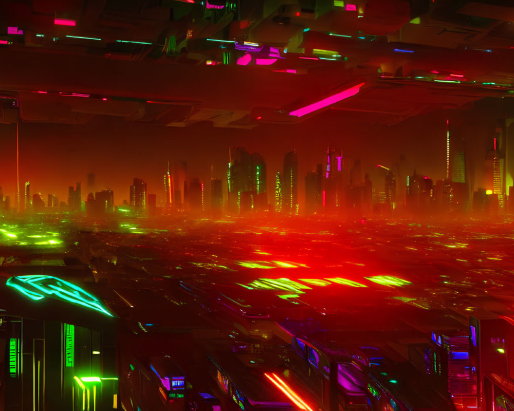 Vibrant futuristic cityscape with neon lights and skyscrapers