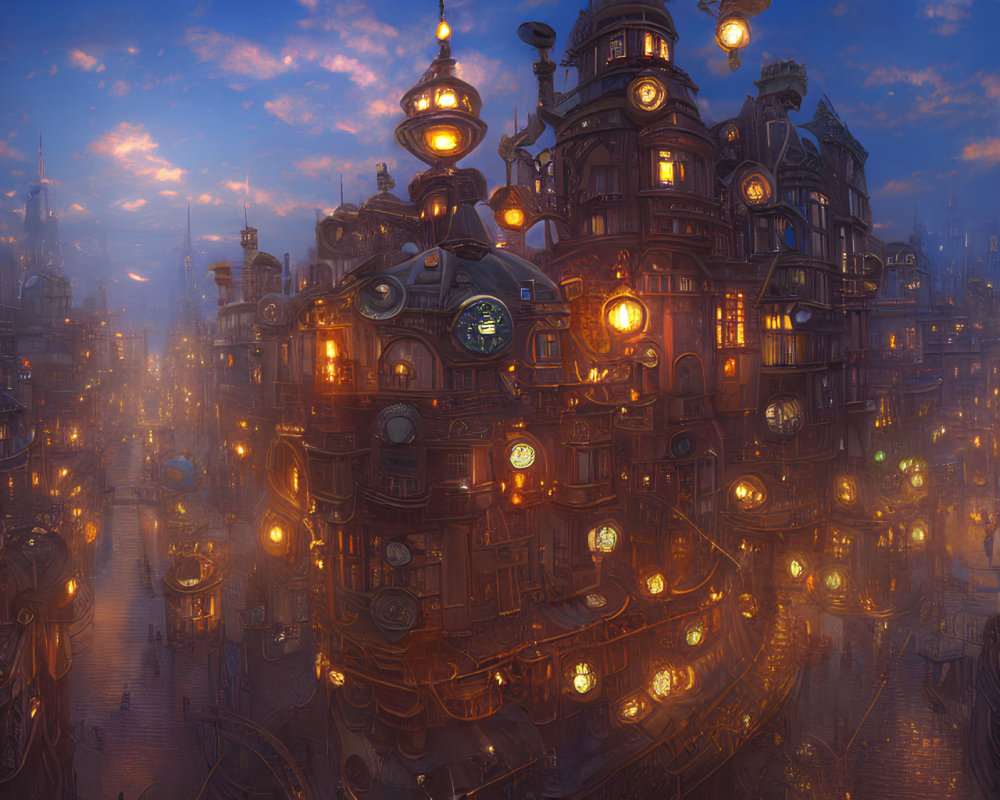 Illuminated steampunk-style cityscape at dusk