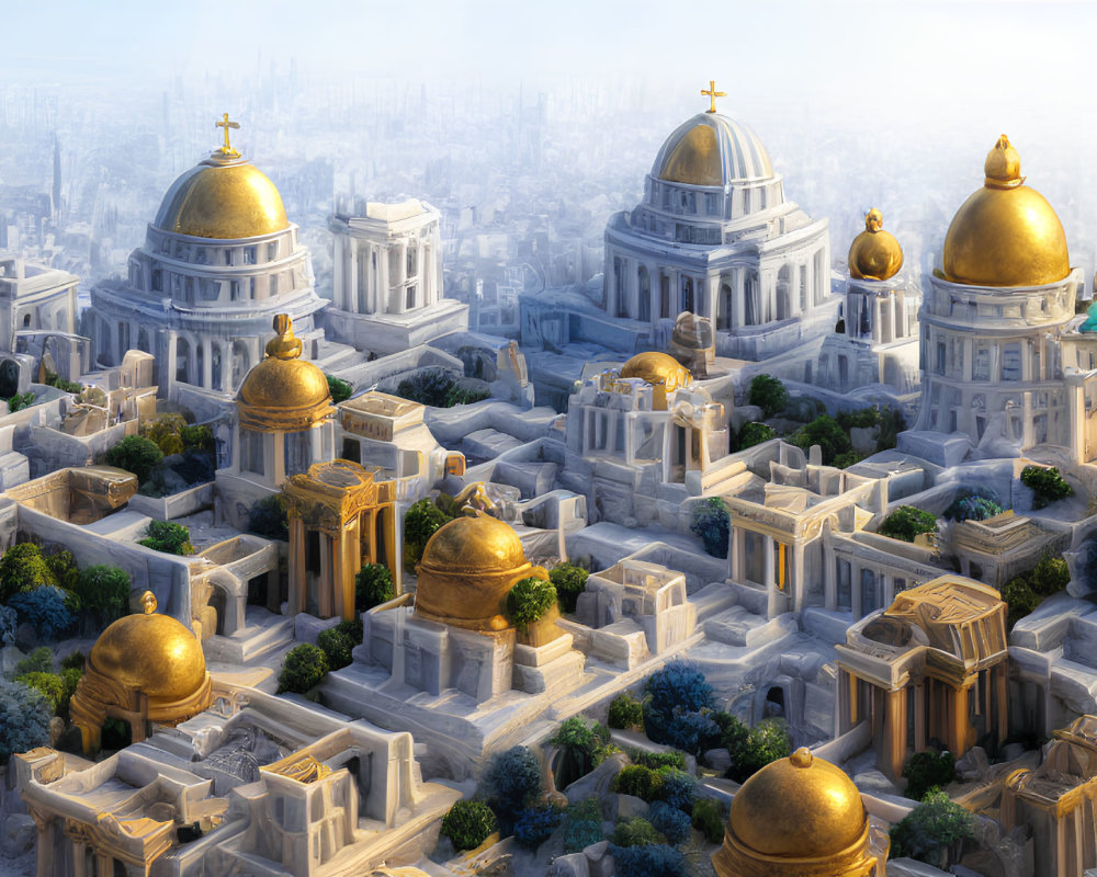 Majestic fantasy cityscape with golden domed buildings