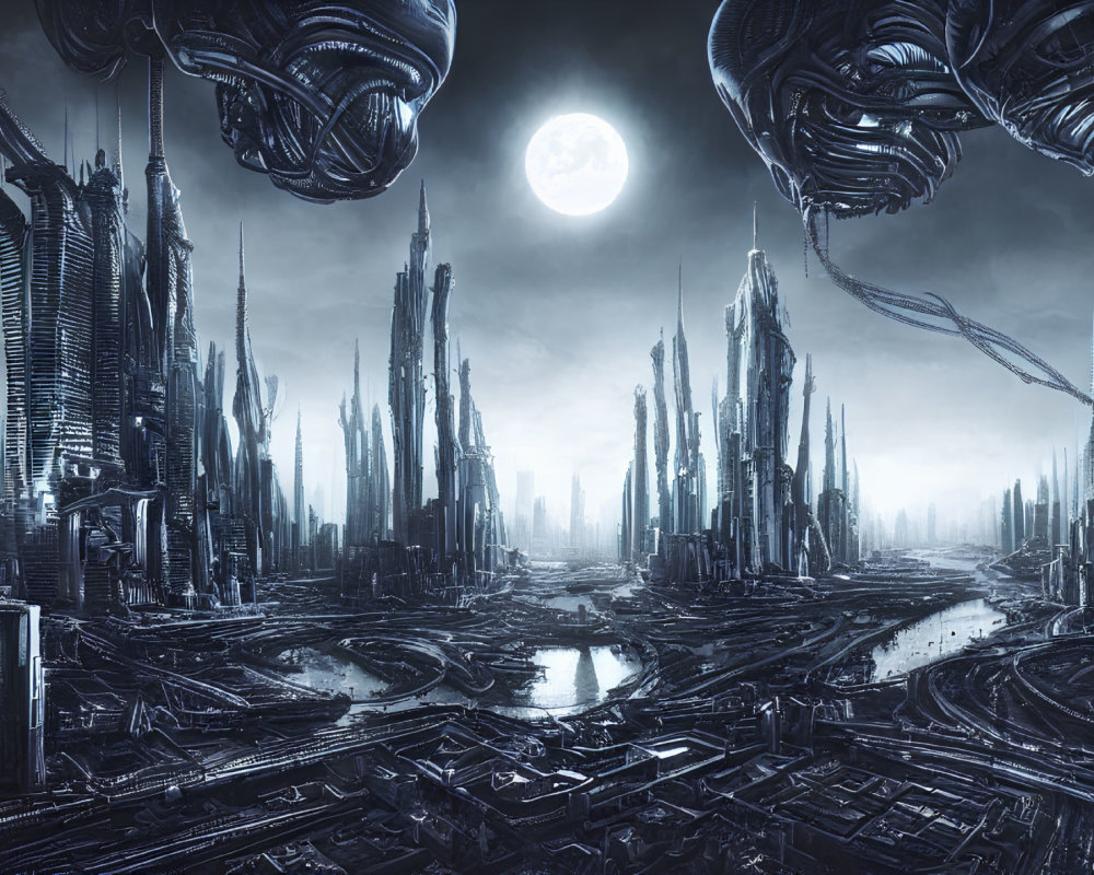 Futuristic cityscape with towering skyscrapers under full moon