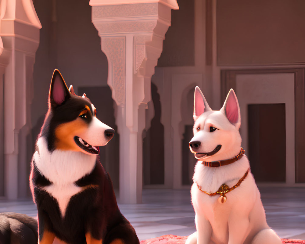 Two Different Colored Dogs Sitting on Red Carpet in Ornate Room