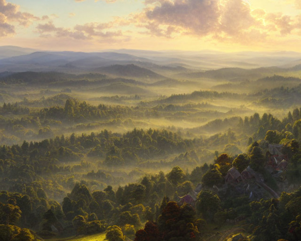 Tranquil landscape with rolling hills, forest, and cottage at dawn or dusk