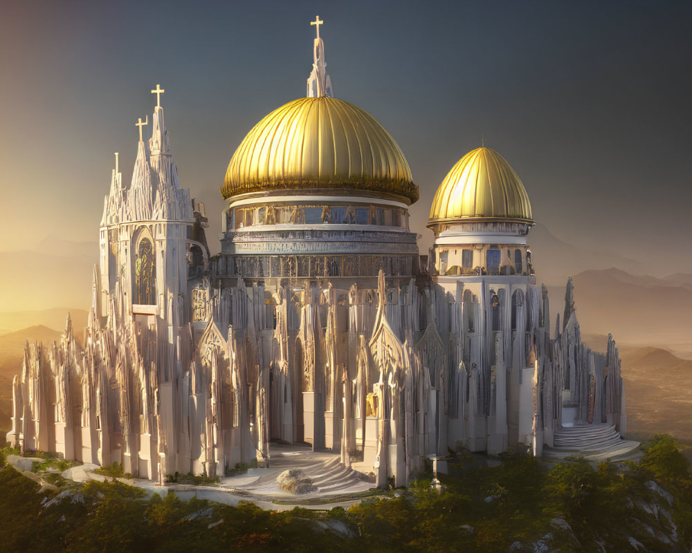 Ornate cathedral with twin golden domes atop hill at sunset