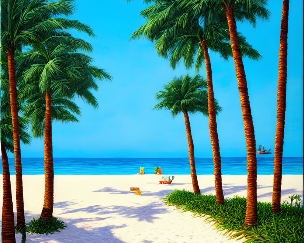 Tropical beach scene with palm trees, blue skies, white sand, and calm ocean
