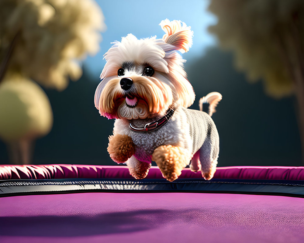 Fluffy small dog with bow on head on purple trampoline at twilight
