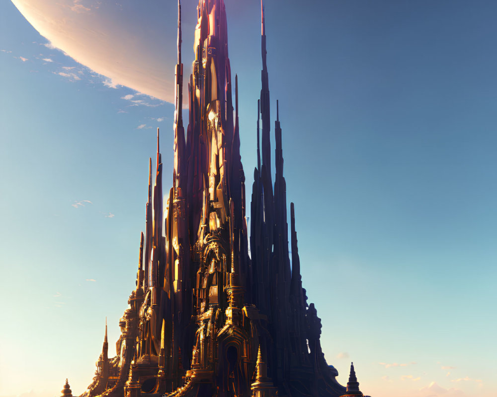 Futuristic cityscape with towering spires under a sunset sky