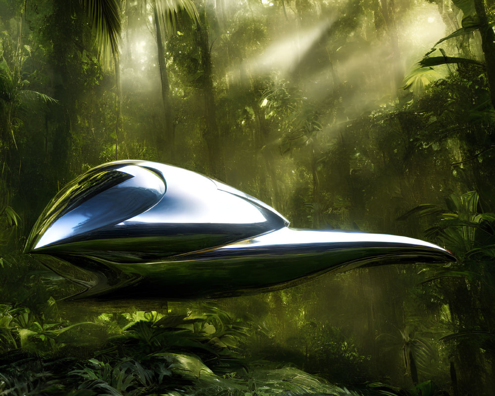 Futuristic hovering vehicle in misty jungle with sunlight rays