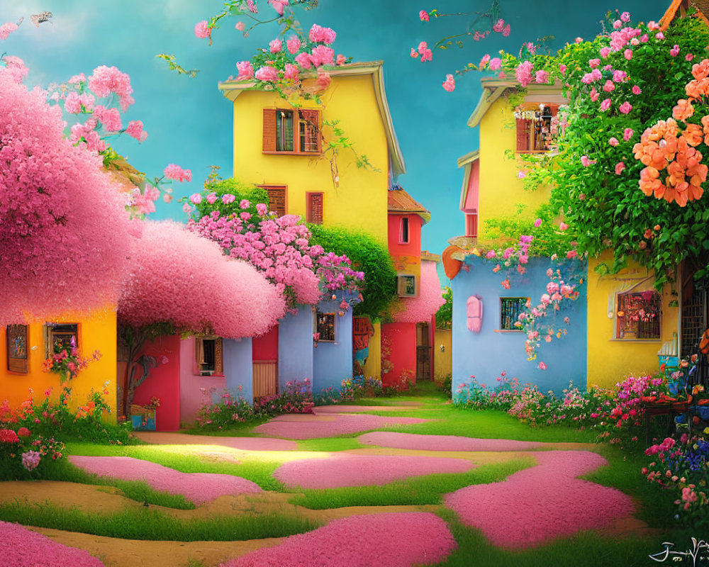 Colorful Village with Pastel Houses and Blooming Trees