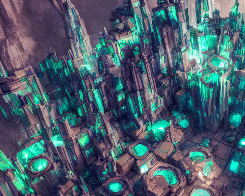 Futuristic cityscape with crystalline towers and neon lights in mountainous landscape