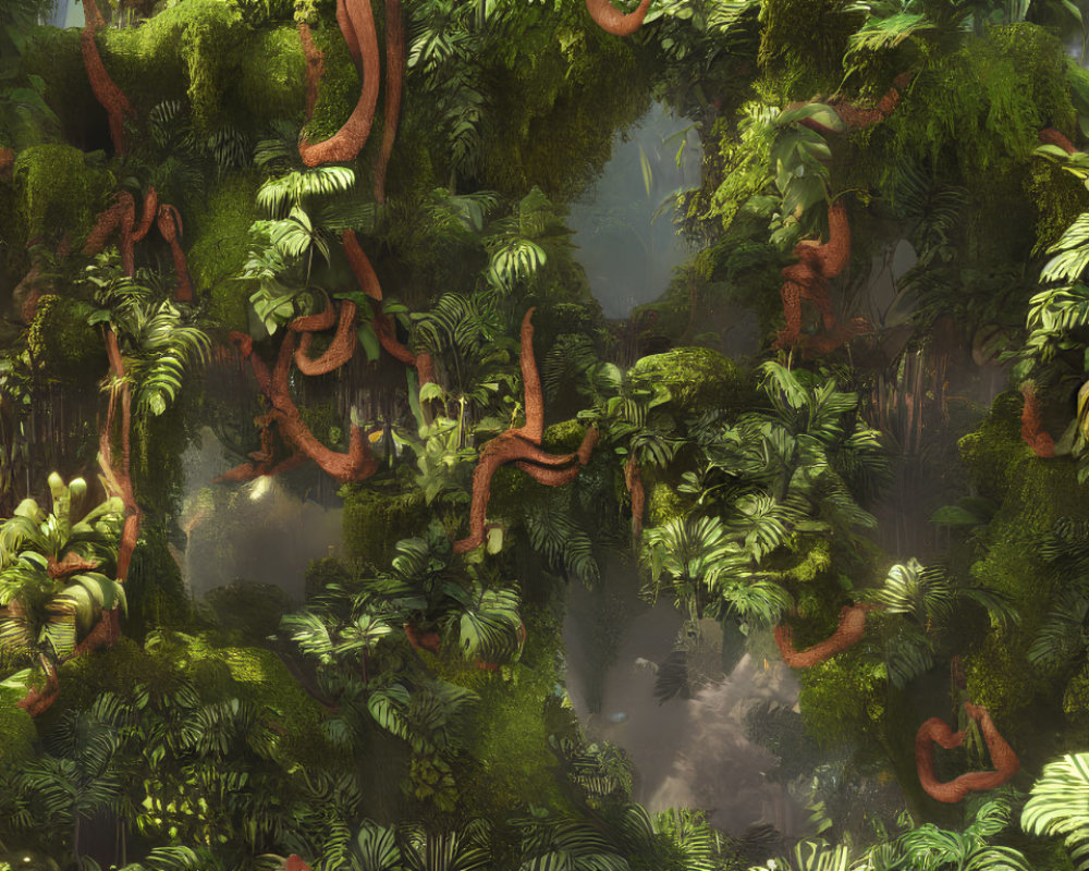 Mystical jungle scene with dense foliage and hanging vines