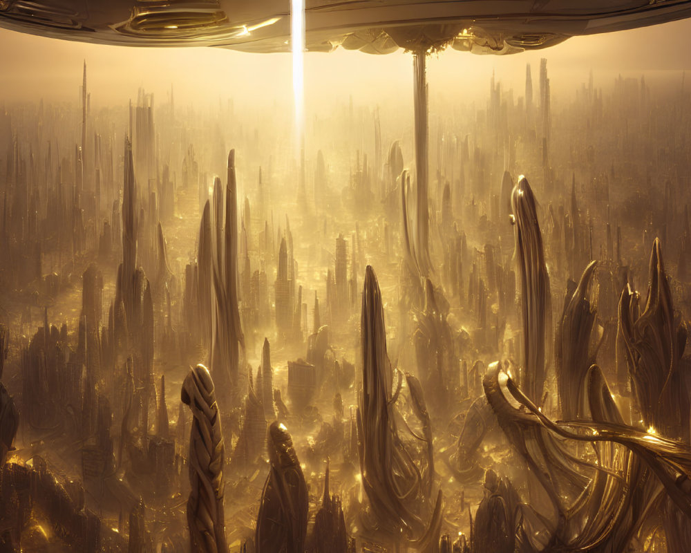 Futuristic cityscape with golden light and saucer-shaped object