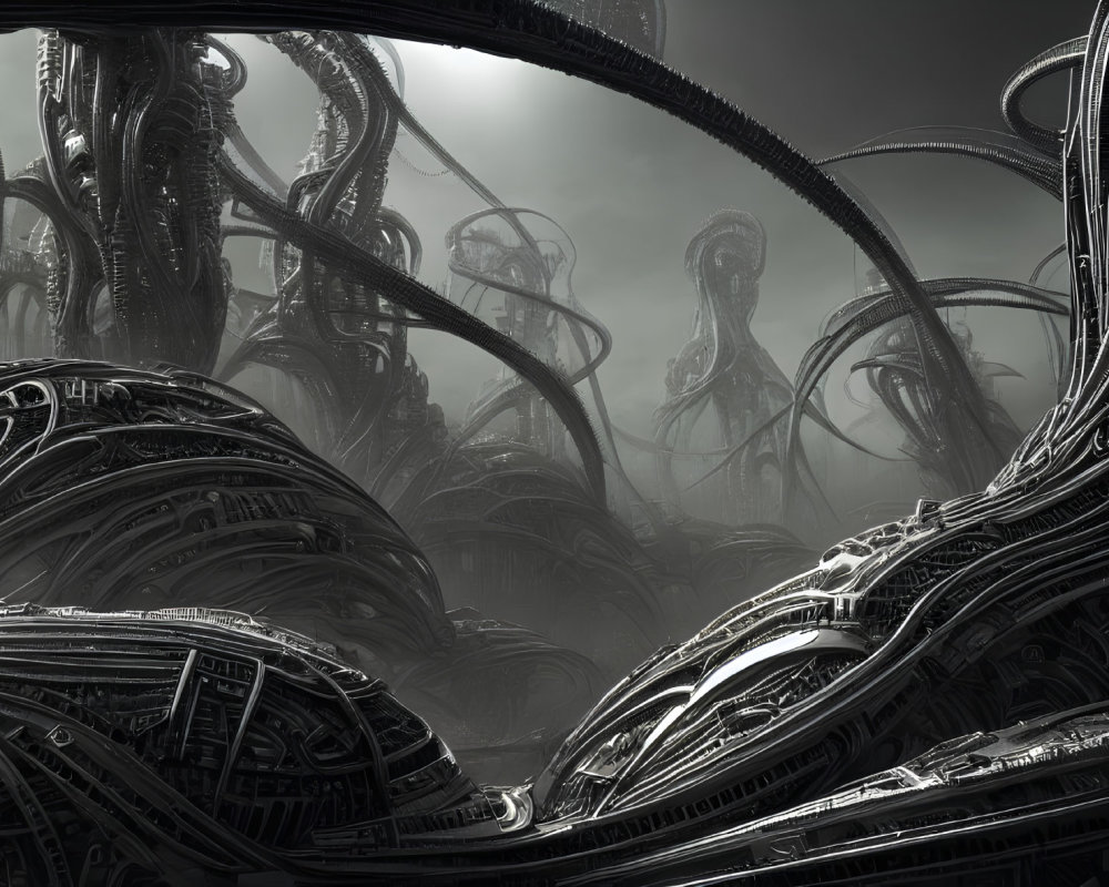 Monochrome image of intricate, twisted alien-like structures with biomechanical details.