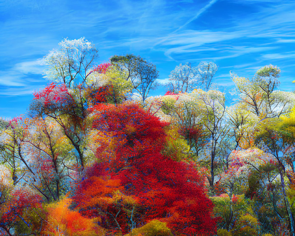 Colorful Autumn Trees Against Blue Sky with Clouds