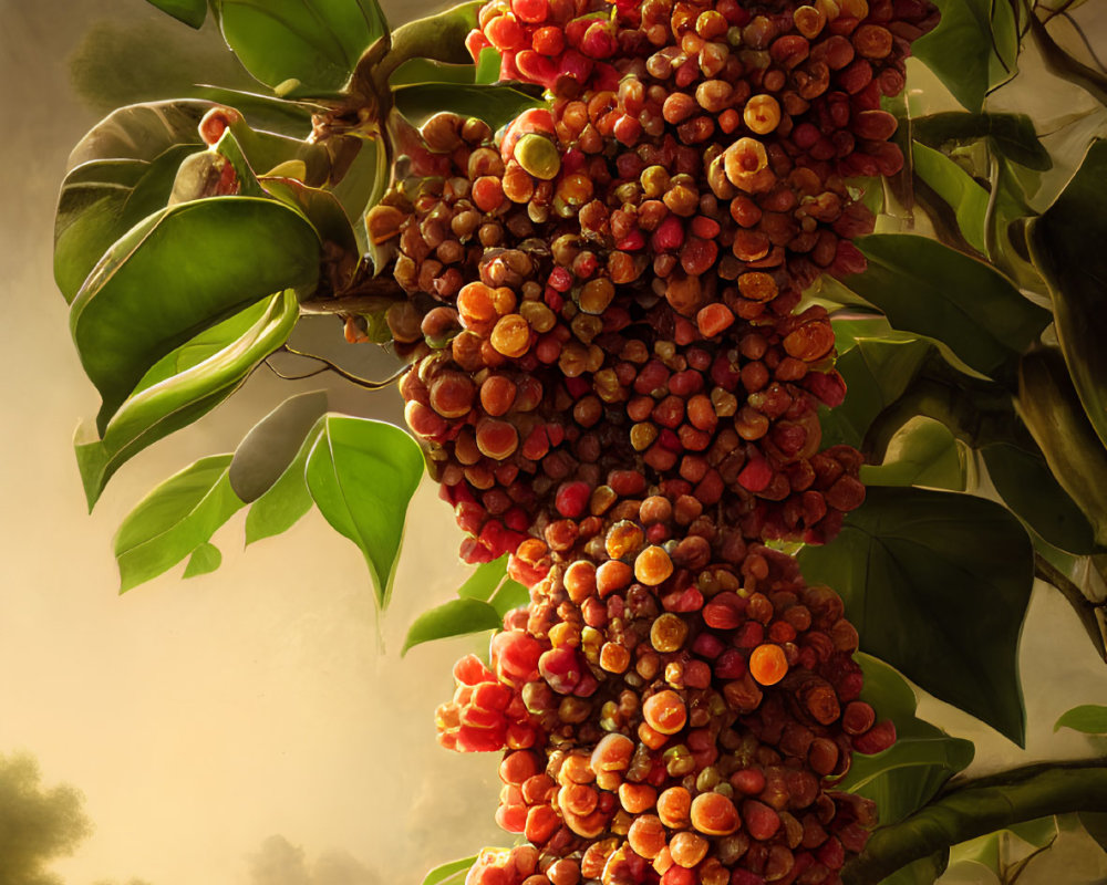 Ripe red fruits on tree in warm light with misty backdrop