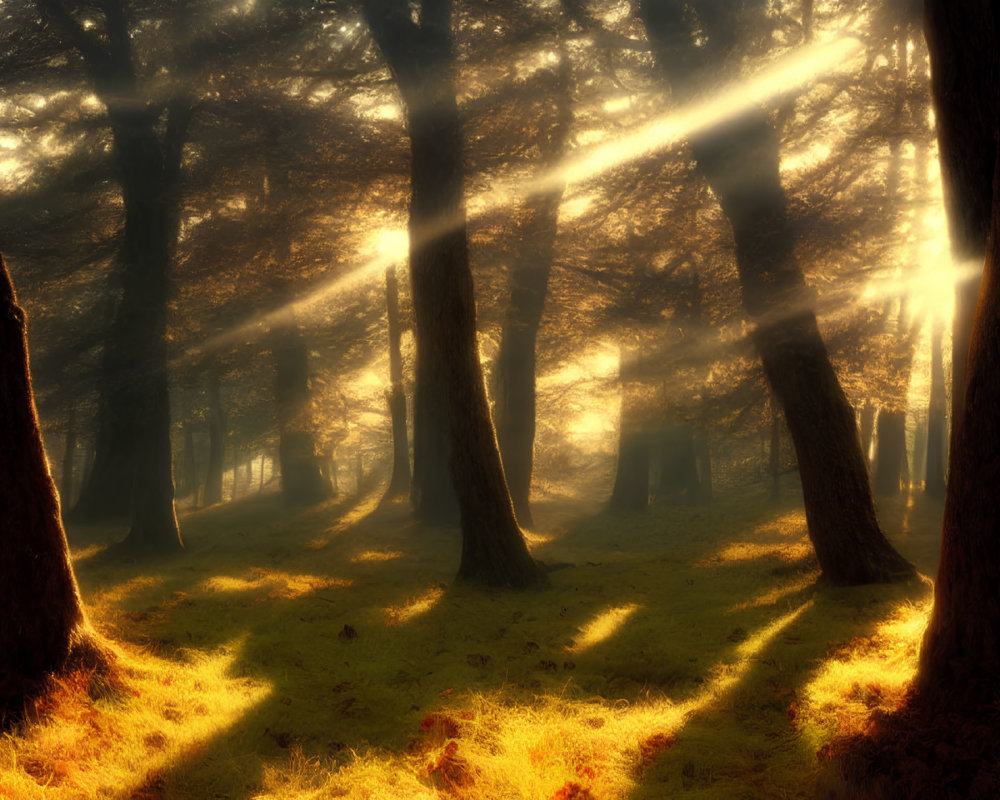 Misty forest with sunbeams casting golden light