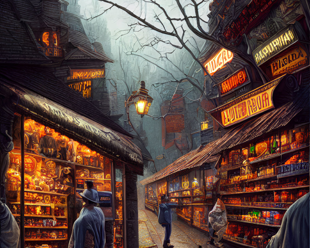 Detailed illustration of old-fashioned street at dusk with colorful shop signs, pedestrians, pumpkins, and bare