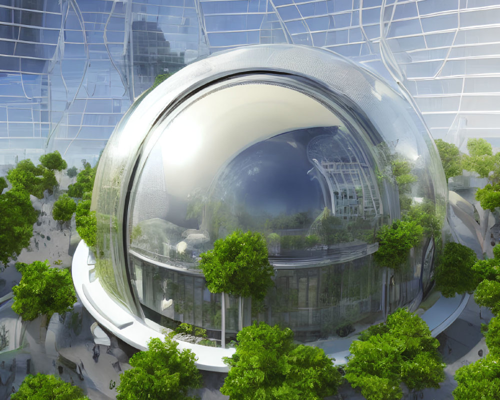 Futuristic glass dome in lush greenery with park and skyscraper reflections