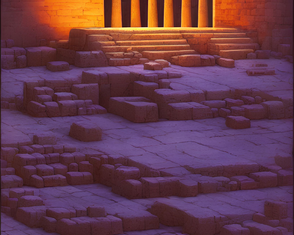 Ancient temple ruins at sunset with towering columns and scattered stone blocks