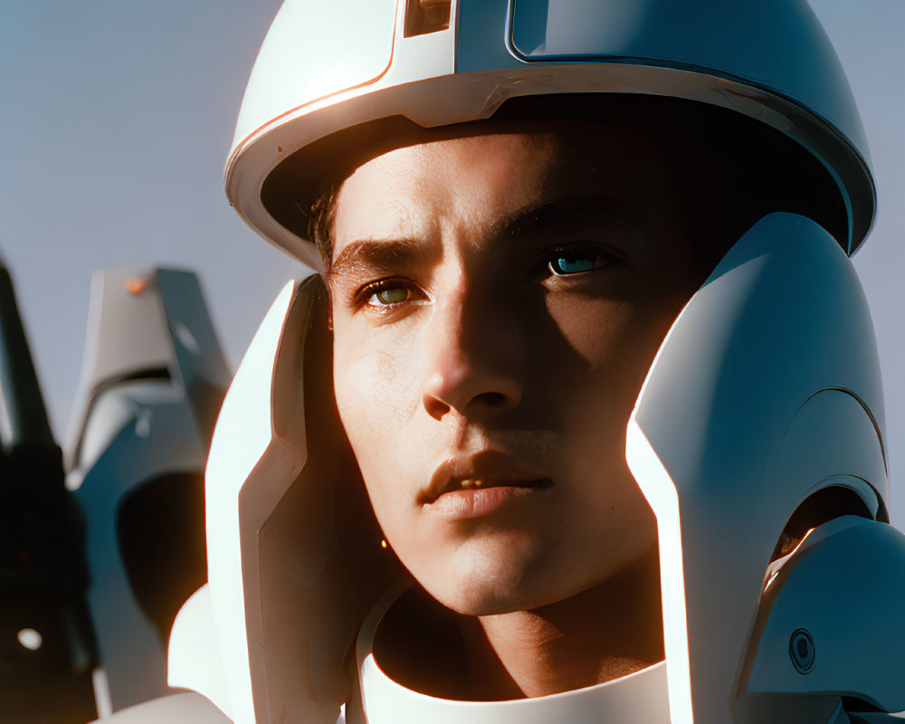 Person in White Futuristic Helmet with Sunlight Shadows