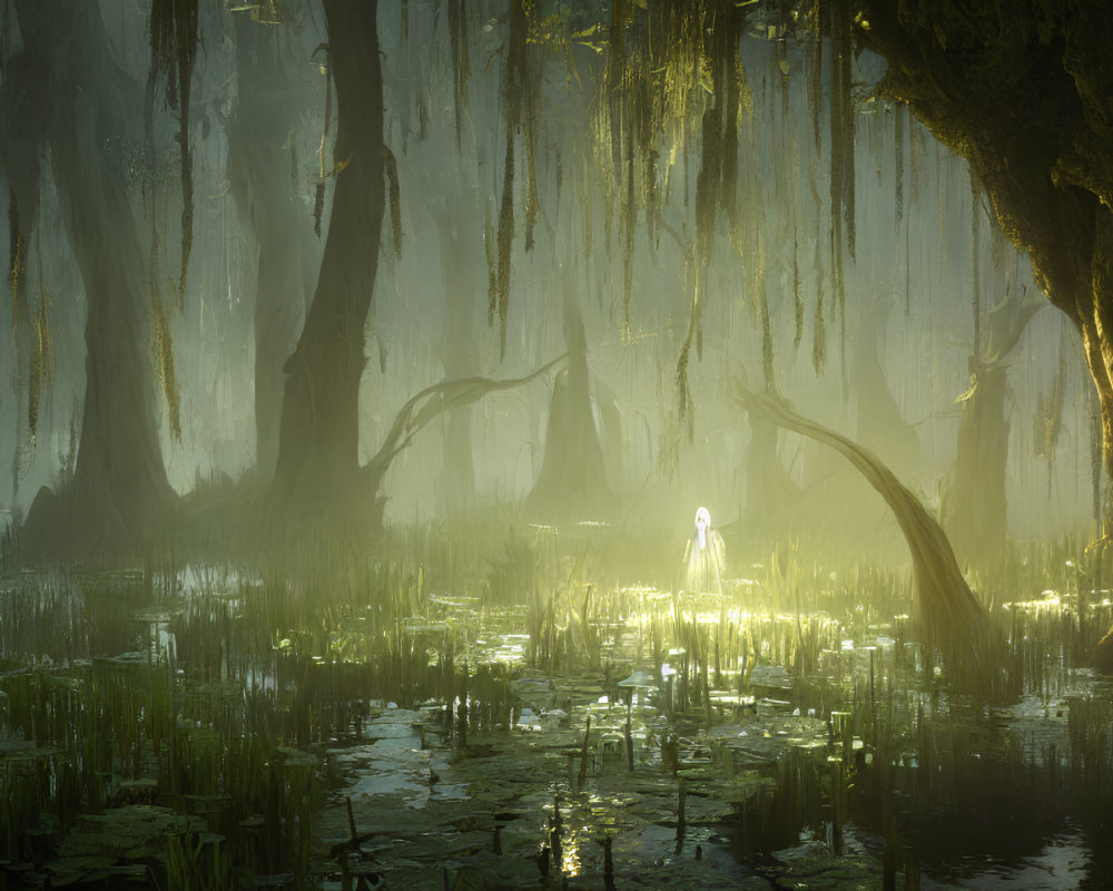 Enchanting forest scene with tall trees, moss, pond, and figure in soft light