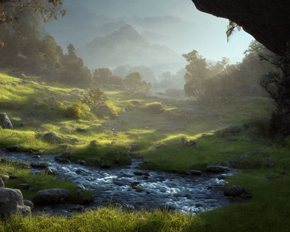 Tranquil landscape with babbling brook and lush greenery viewed from cave shadow