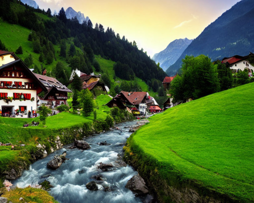 Traditional village nestled in lush green valley with vibrant blue stream and majestic mountains.