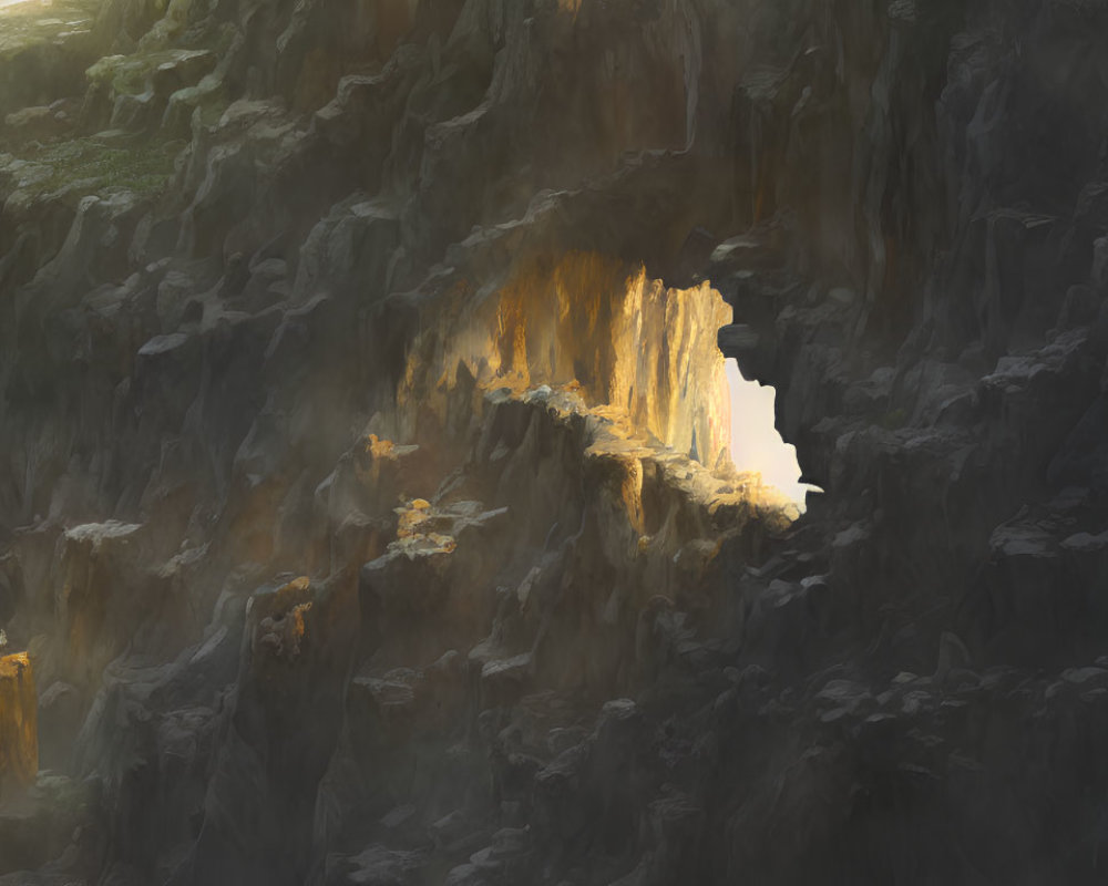 Sunlit Rocky Cave Entrance with Textured Surfaces