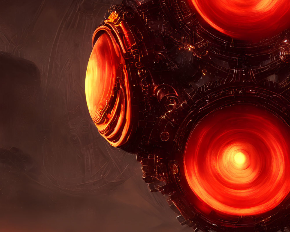 Sci-fi scene: Three glowing red engines on spacecraft in orange sky
