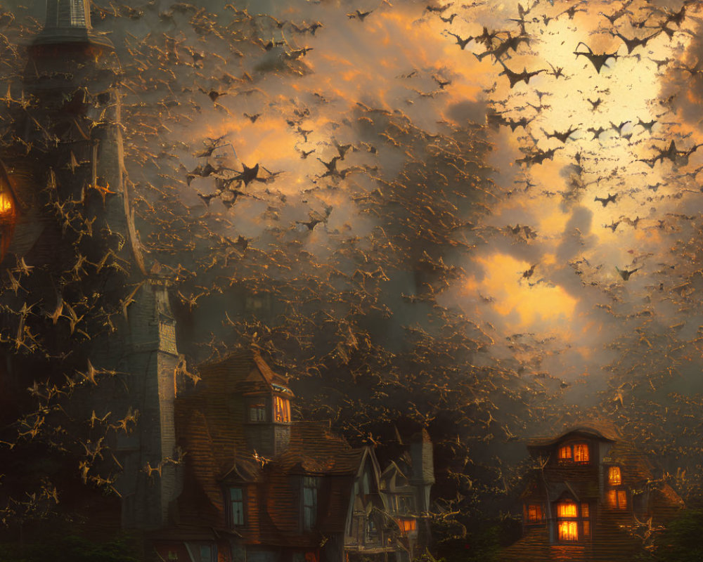 Mystical sunset scene with birds flying around grand old house