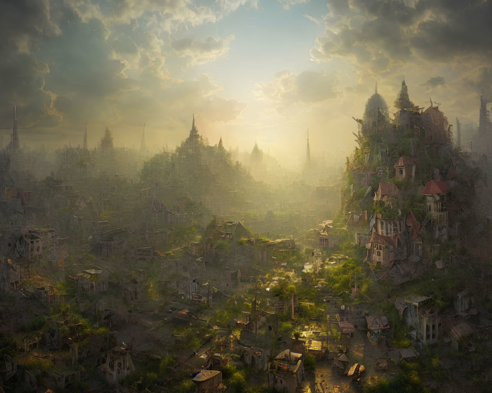 Fantasy landscape with ancient ruins and spires at sunset